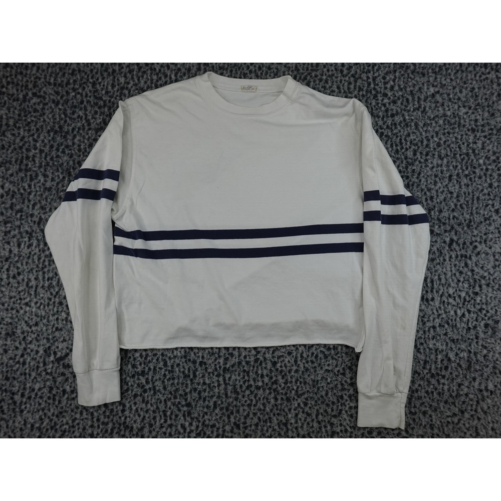 John Galt Cropped Long Sleeve Tee Womens OS White Navy Blue Striped Raw Hem